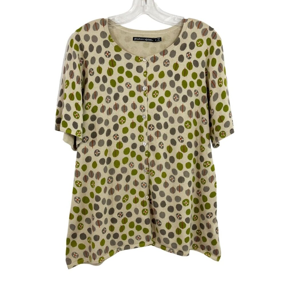Gundrun Sjoden Artsy Print Short Sleeve Button Front Knit Top Neutral Size Small